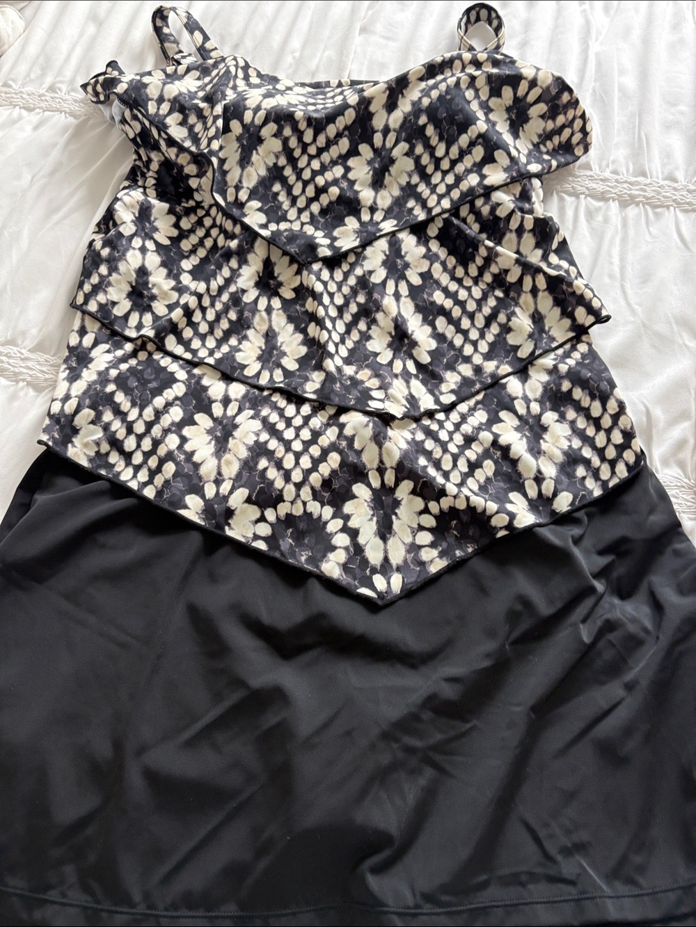 Susan Graver Black and Cream Tiered Tankini Swim Top